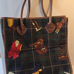 Equestrian-Themed Plaid Tote Bag